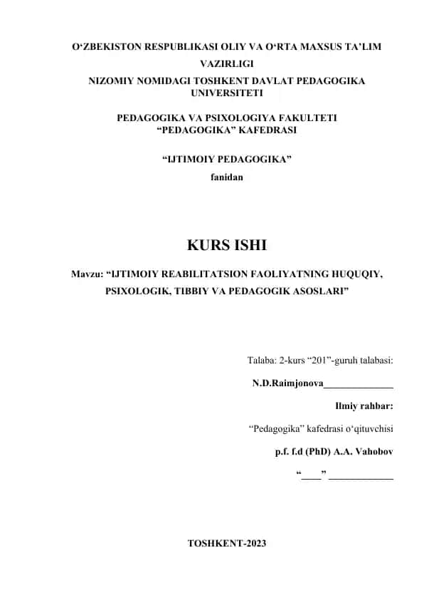 IJTIMOIY PEDAGOGIKA KURS ISHI