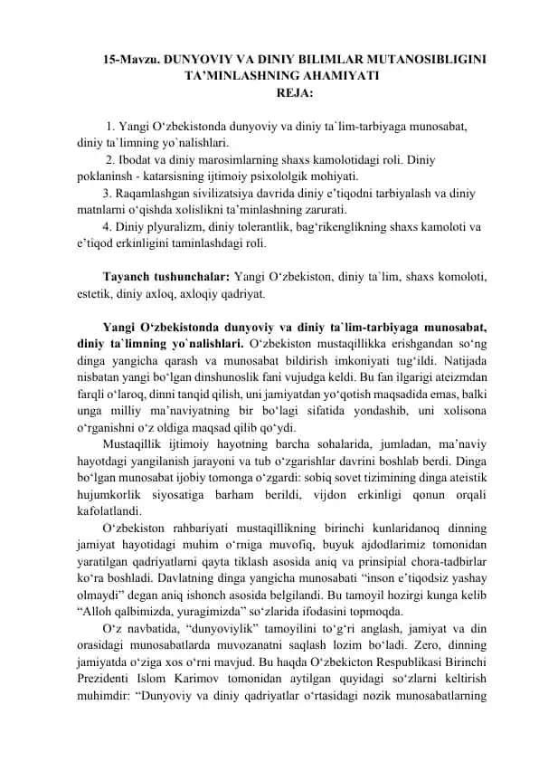 Yangi O‘zbekistonda dunyoviy va diniy ta`lim-tarbiya