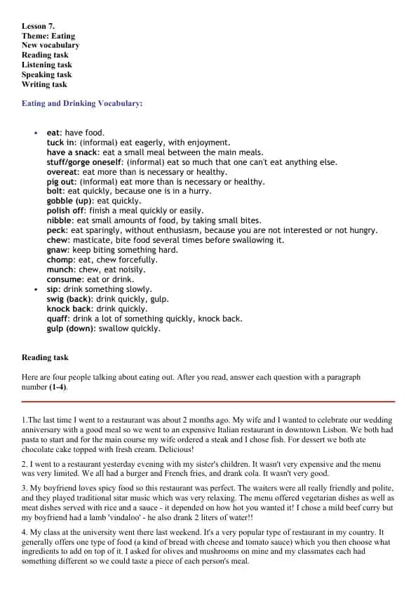 Eating and Drinking Vocabulary