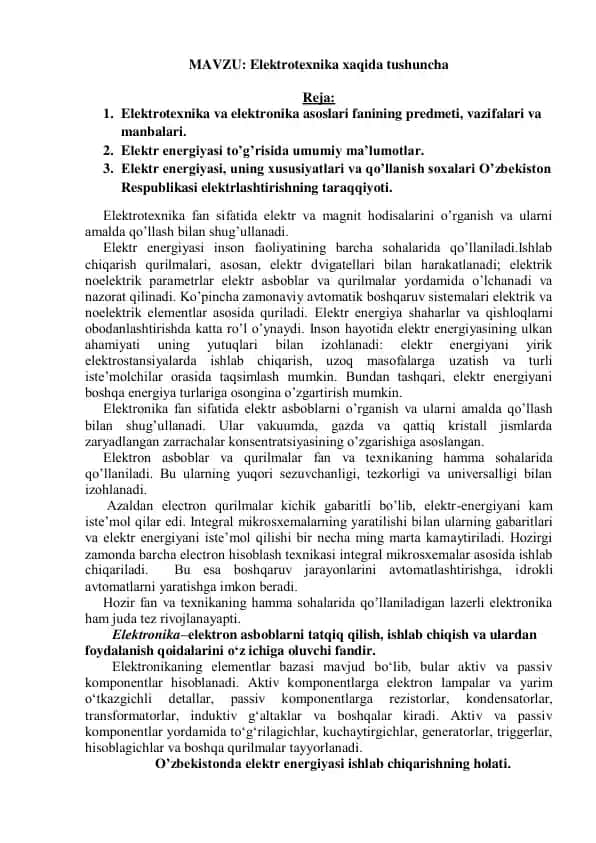 Elektrotexnika xaqida tushuncha