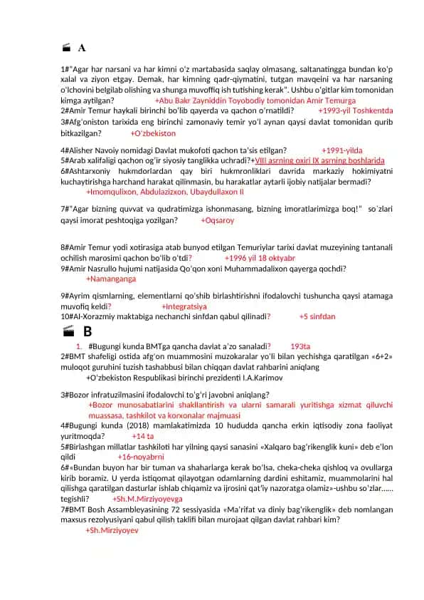 Tarixiy savollar va javoblar
