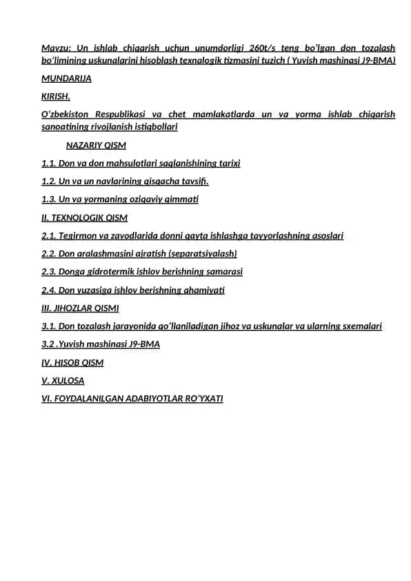 Un va yorma ishlab chiqarish uchun don tozalash bo‘limining uskunalari (Yuvish mashinasi J9-BMA)