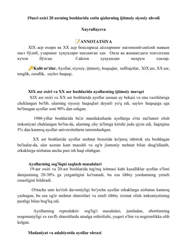 Ayollar ijtimoiy- siyosiy ahvoli XIX asr oxiri va XX asr boshlarida