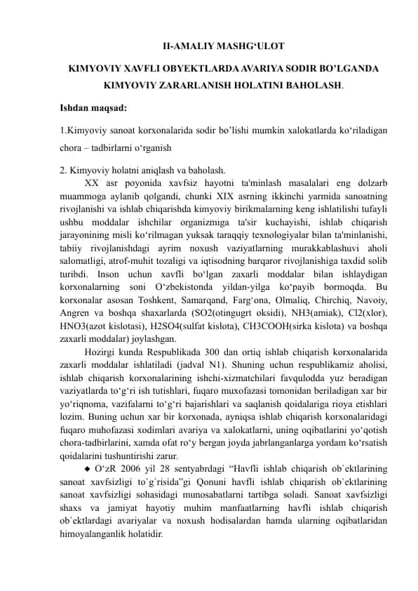 Kimyoviy Zararlanish Holatini Baholash