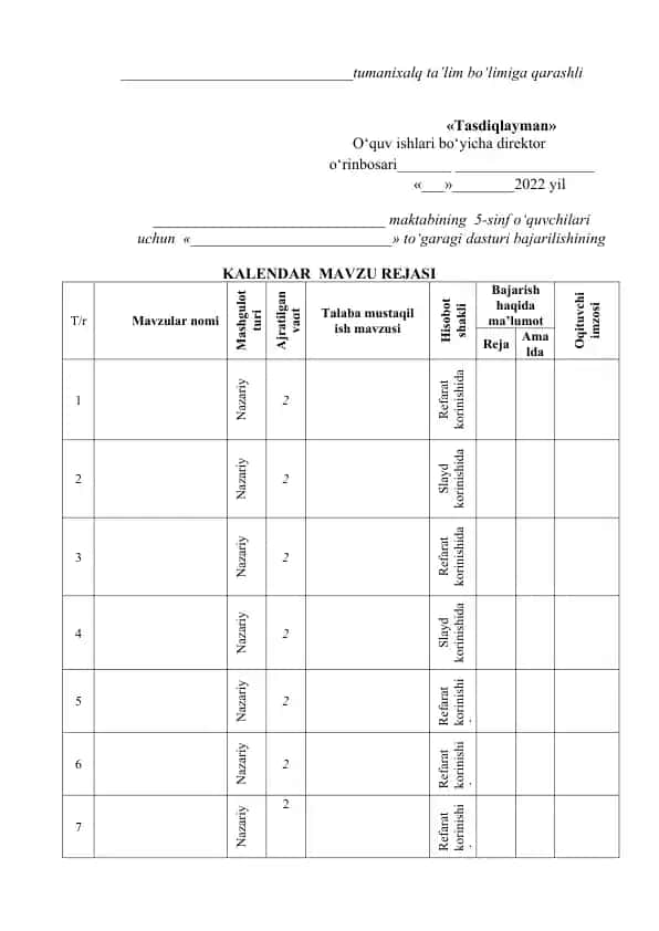5-sinf o‘quvchilari uchun «To‘garak dasturi» KALENDAR MAVZU REJASI