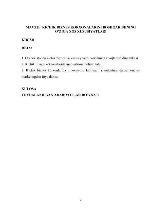 Kichik biznes korxonalarini boshqarishning o’ziga xos xususiyatlari