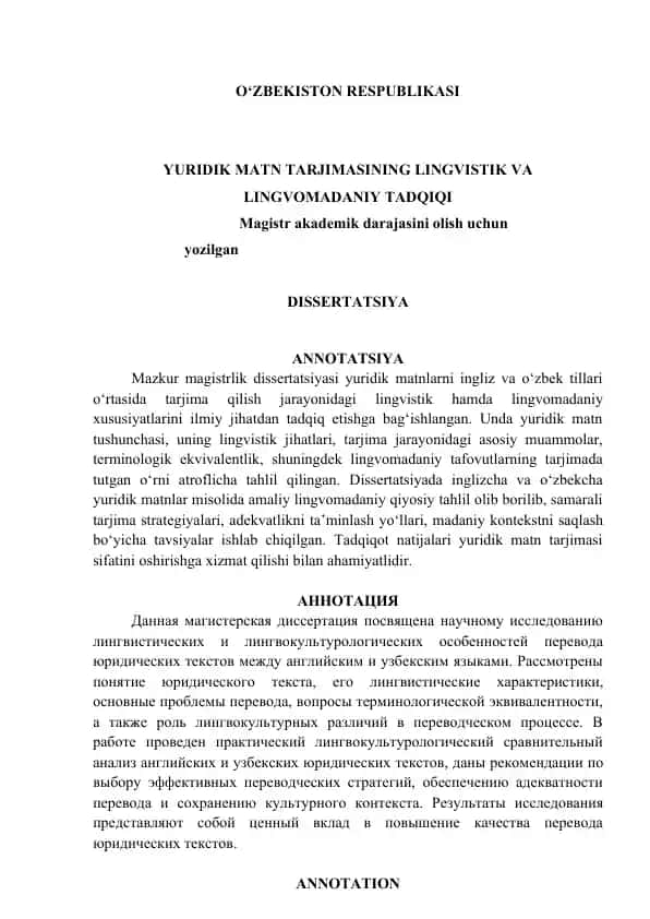 YURIDIK MATN TARJIMASINING LINGVISTIK VA LINGVOMADANIY TADQIQI