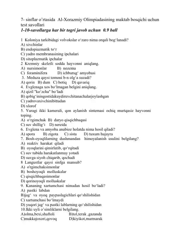 7-sinflar o’rtasida Al-Xorazmiy Olimpiadasining maktab bosqichi uchun test savollari