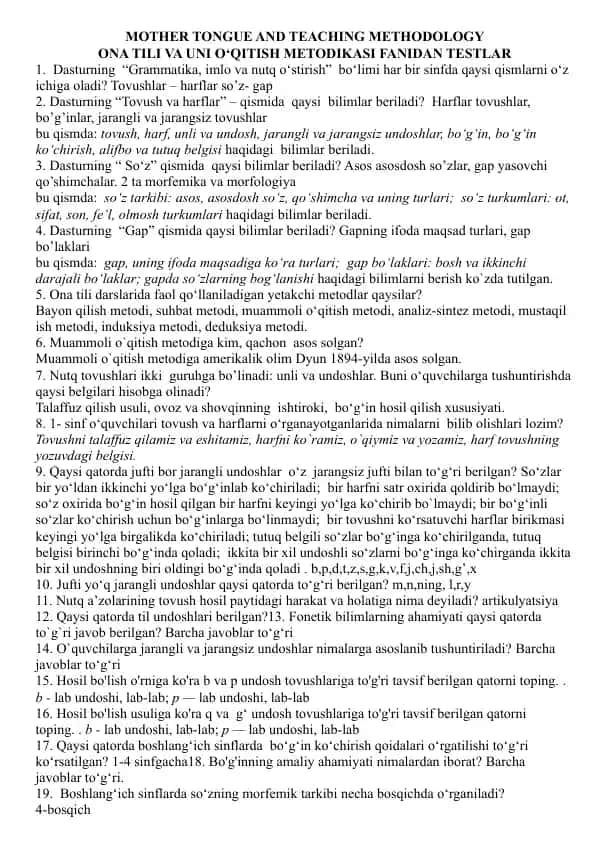 ONA TILI VA UNI O‘QITISH METODIKASI FANIDAN TESTLAR