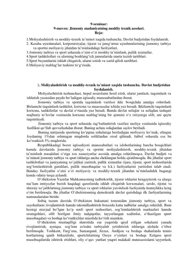 Jismoniy Madaniyatning Moddiy Texnik Asoslari Seminar 9