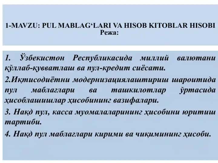 PUL MABLAG‘LARI VA HISOB KITOBLAR HISOBI