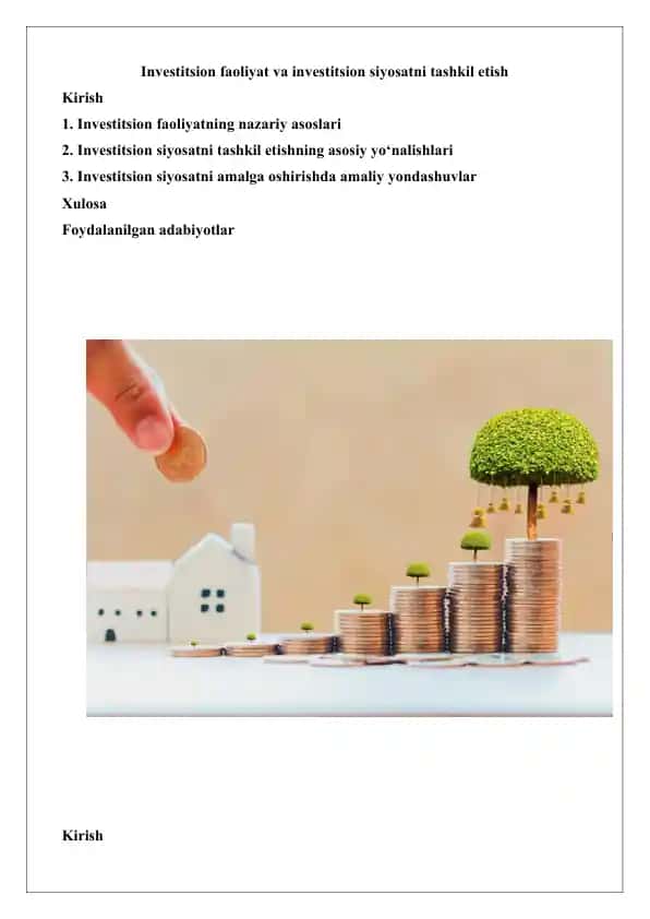 Investitsion faoliyat va investitsion siyosatni tashkil etish