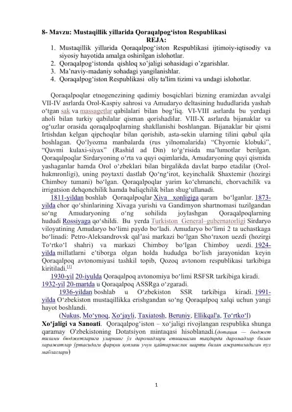 Mustaqillik yillarida Qoraqalpog‘iston Respublikasi