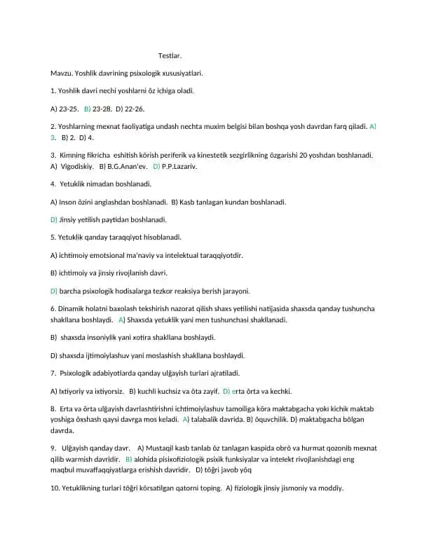 Yoshlik davrining psixologik xususiyatlari testlari