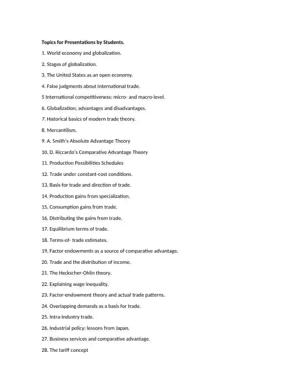 Topics for Presentations by Students