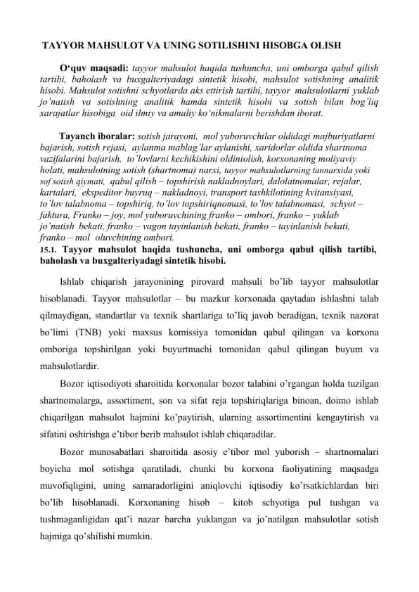 Tayyor mahsulot va uning sotilishini hisobga olish
