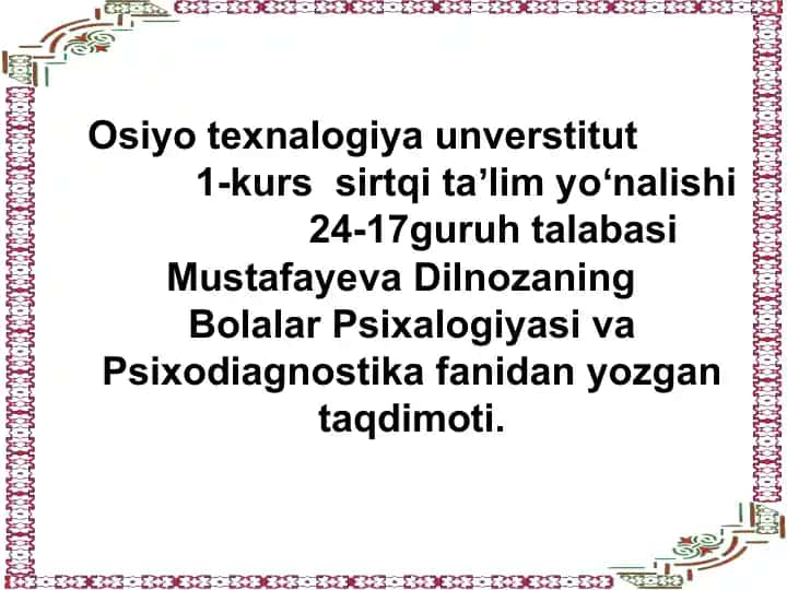 Bolalar Psixologiyasi va Psixodiagnostika