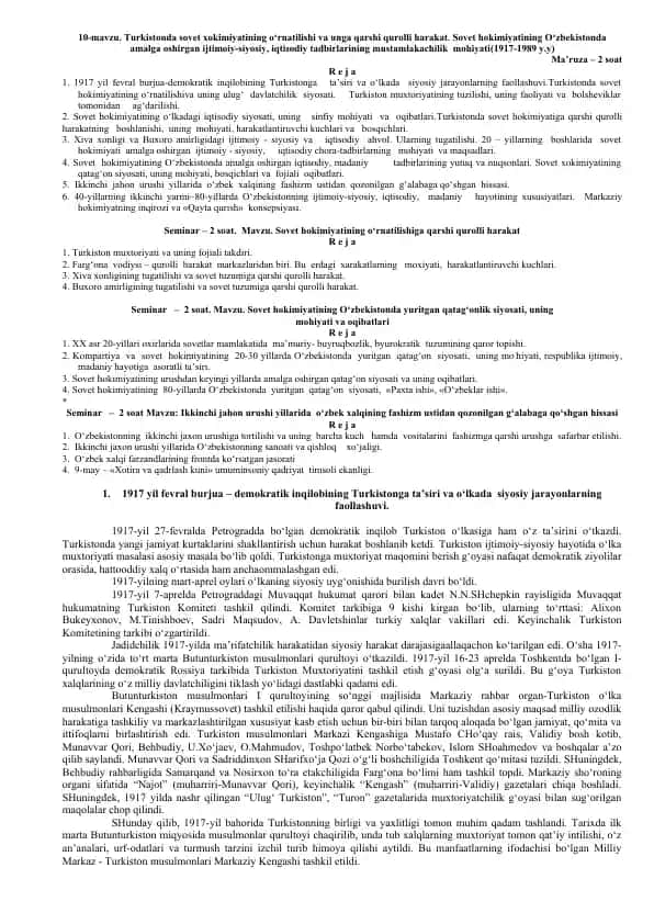 Turkistonda Sovet xokimiyatining o‘rnatilishi va unga qarshi qurolli harakat