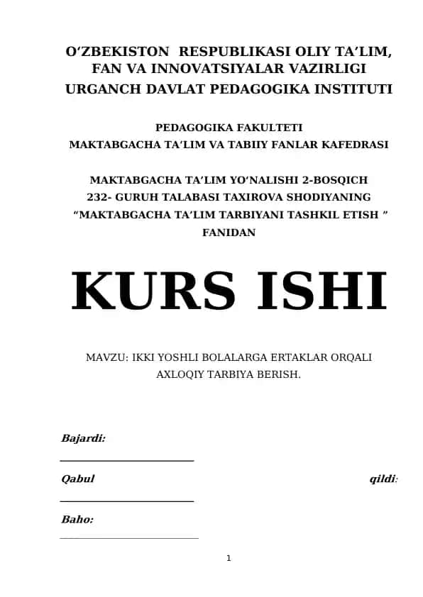 Maktabgacha Ta'lim Tarbiyani Tashkil Etish