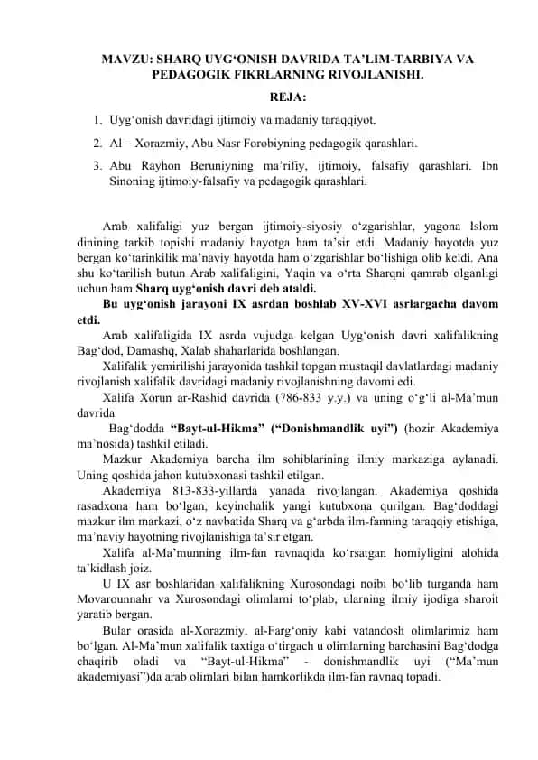 Sharq Uyg‘onish Davridagi Pedagogika Fikrlar