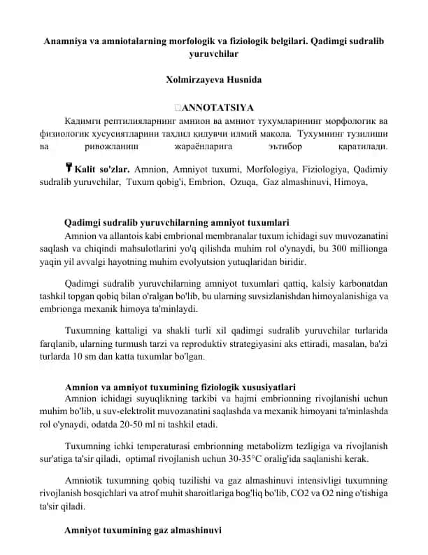 Anamniya va amniotalarning morfologik va fiziologik belgilari