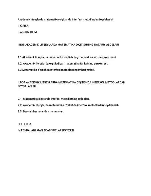 Akademik litseylarda matematika o'qitishda interfaol metodlardan foydalanish