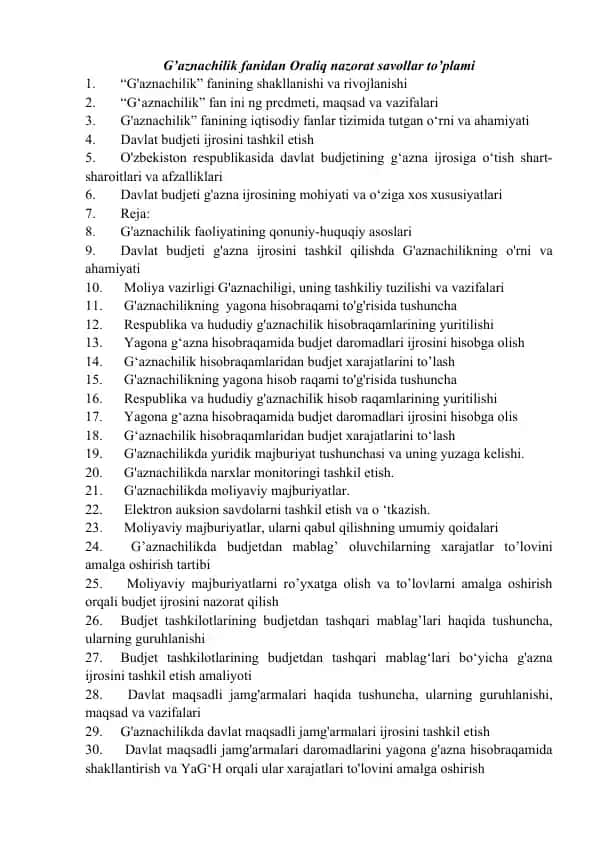 G'aznachilik fanidan Oraliq nazorat savollar to’plami