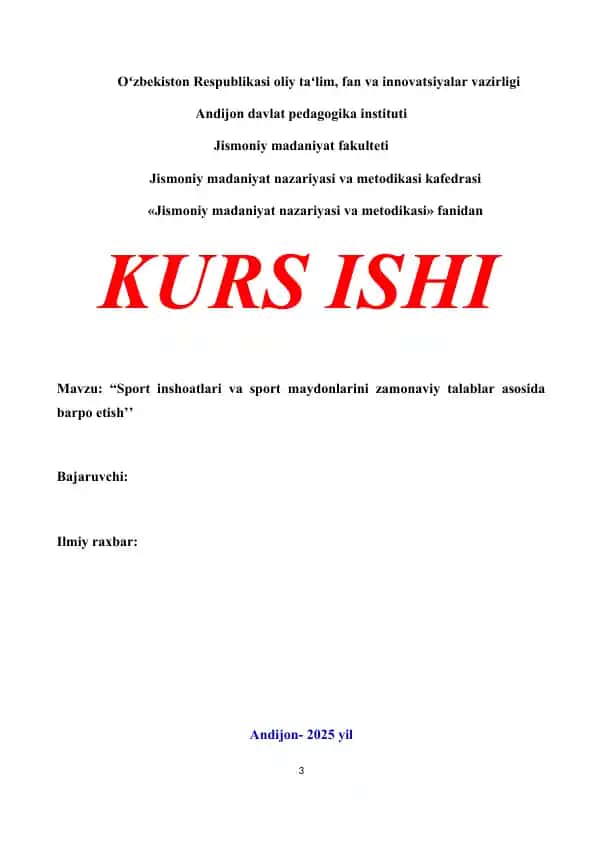 Sport inshootlari va sport maydonlarini zamonaviy talablar asosida barpo etish