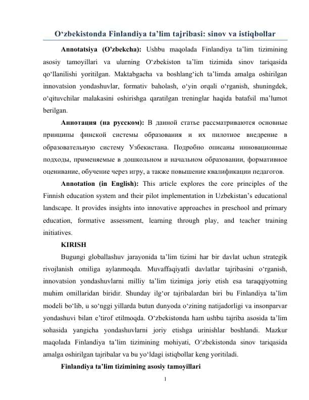 O‘zbekistonda Finlandiya ta’lim tajribasi: sinov va istiqbollar