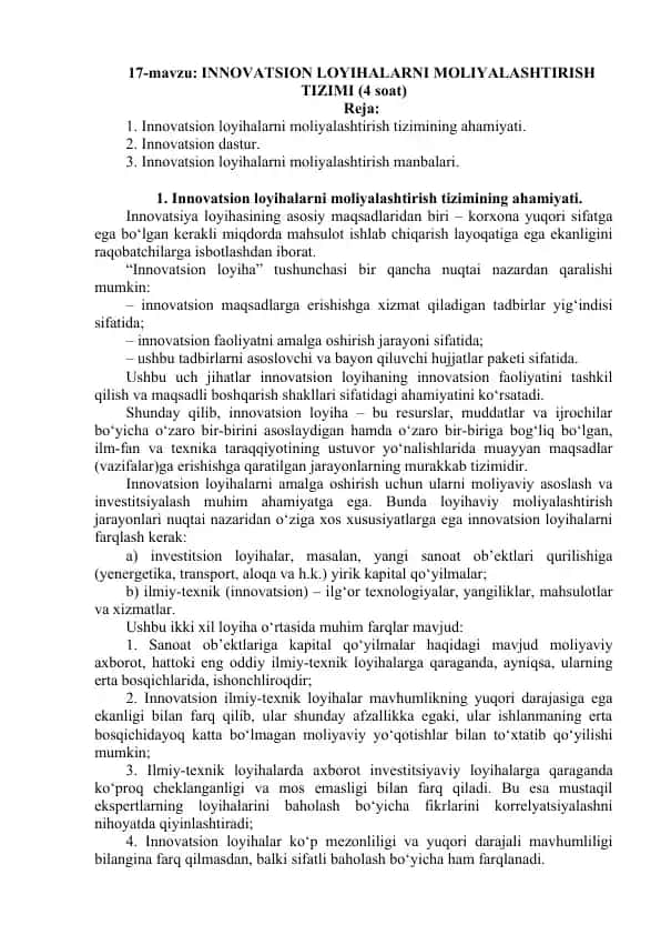 INNOVATSION LOYIHALARNI MOLIYALASHTIRISH TIZIMI