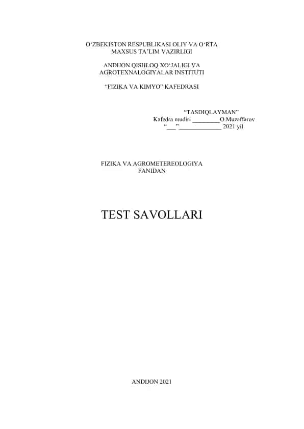 Fizika va Agrometeorologiya fanidan test savollari