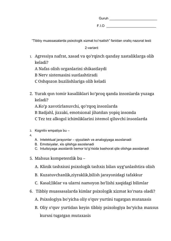 "Tibbiy muassasalarda psixologik xizmat ko’rsatish" fanidan oraliq nazorat testi