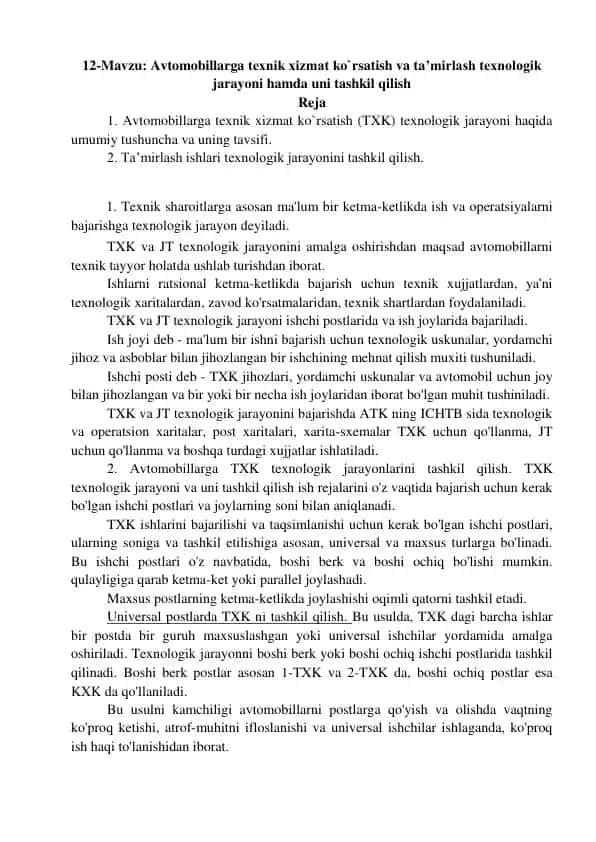 Avtomobillarga Texnik Xizmat Ko'rsatish va Ta'mirlash Texnologik Jarayoni