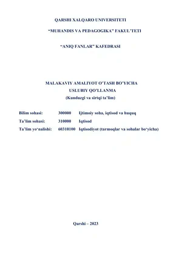 Malakaviy Amaliyot O'tash Bo'yi Uslubiy Qo'llanma