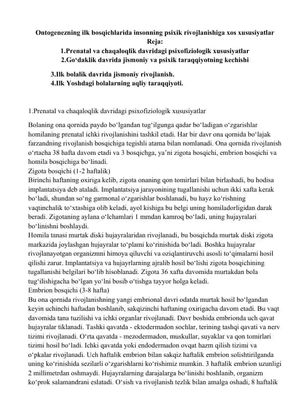 Ontogenezning ilk bosqichlarida insonning psixik rivojlanishiga xos xususiyatlar