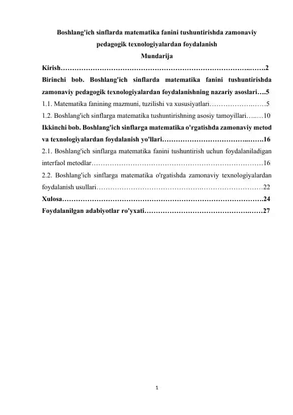 Boshlang'ich sinflarda matematika fanini tushuntirishda zamonaviy pedagogik texnologiyalardan foydalanish