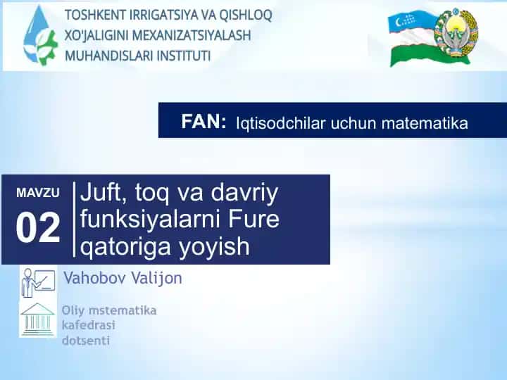 Juft, toq va daviy funksiyalarni Fureqa toriga yoyish