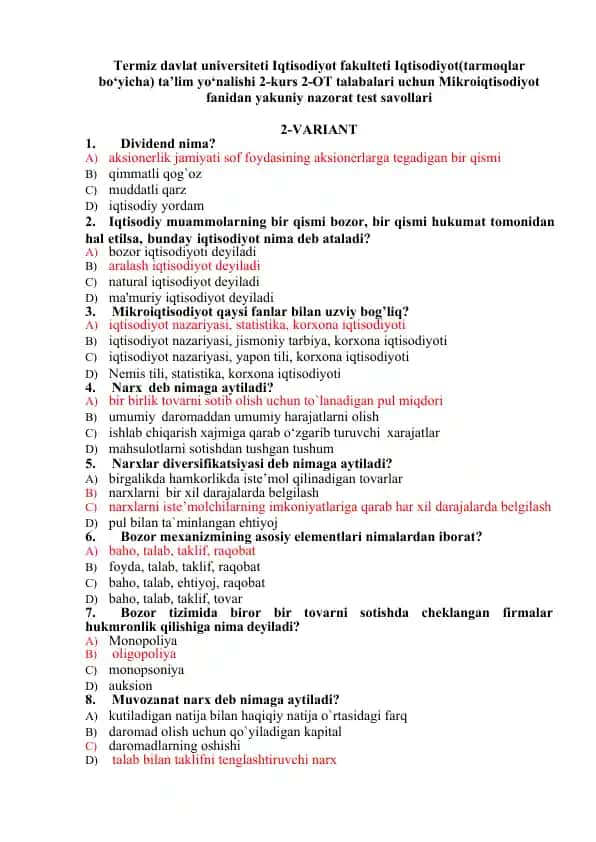 Mikroiqtisodiyot nazorat test savollari