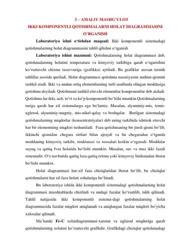 Ikki Komponentli Qotishmalarni Holat Diagrammasini O‘rganish