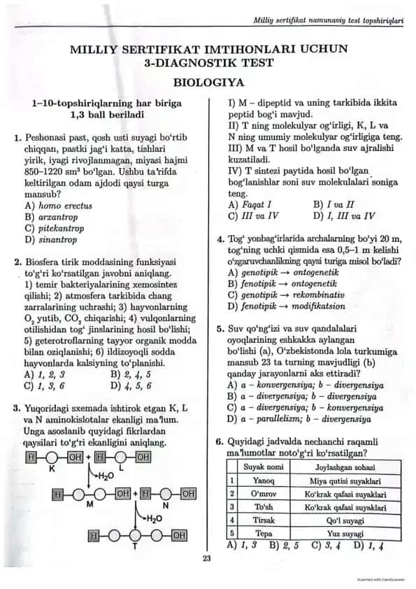 Milliy sertifat namunaviy test topshiriglari