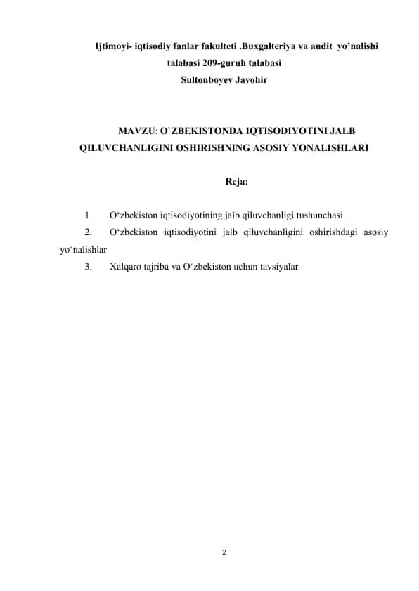 O'ZBEKISTONDA IQTISODIYOTINI JALB QILUVCHANLIGINI OSHIRISHNING ASOSIY YONALISHLARI