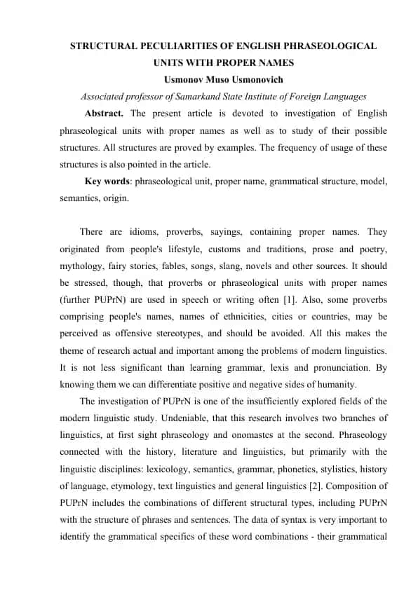 STRUCTURAL PECULIARITIES OF ENGLISH phraseological units with proper names