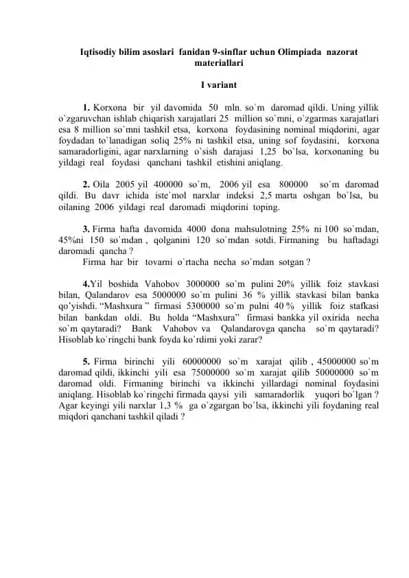 Iqtisodiy bilim asoslari fanidan 9-sinflar uchun Olimpiada nazorat materiallari