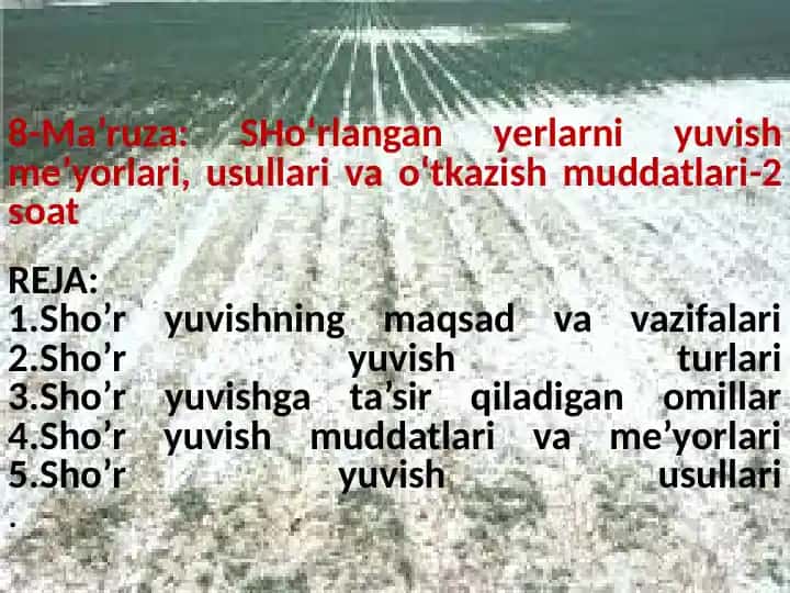 Sho‘r yuvish me’yorlari, usullari va o‘tkazish muddatlari