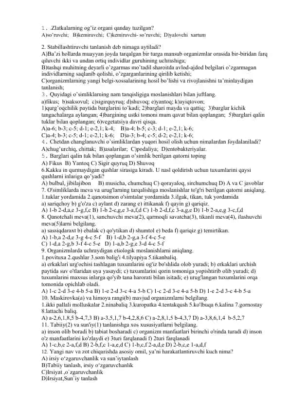 Botanika Test Savollari