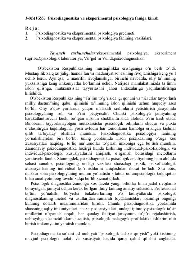 Psixodiagnostika va eksperimental psixologiya faniga kirish