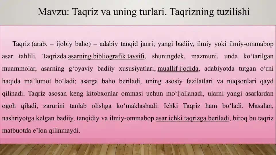 Taqriz va uning turlari. Taqrizning tuzilishi