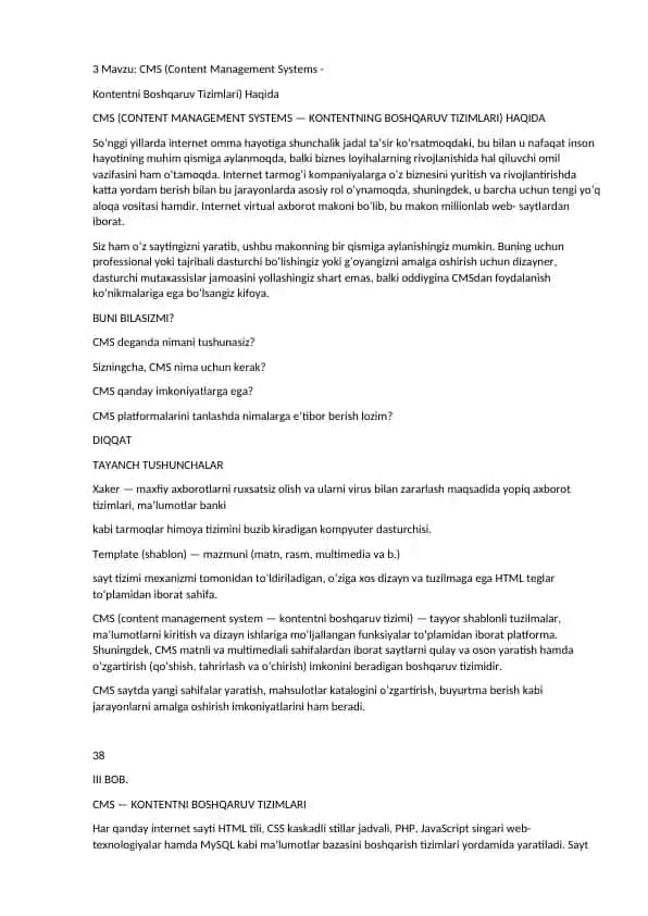 CMS (Content Management Systems - Kontentni Boshqaruv Tizimlari)
