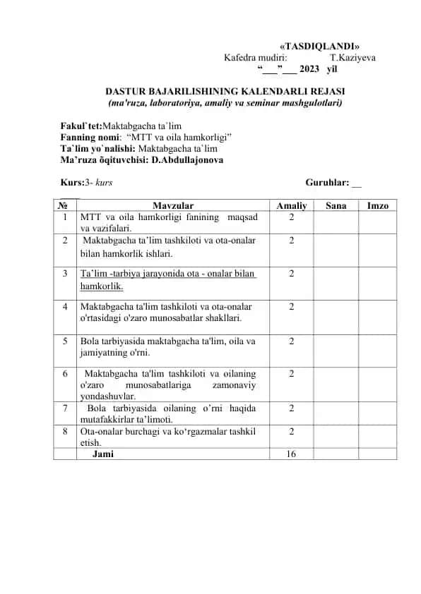 DASTUR BAJARILISHINING KALENDARLI REJASI
