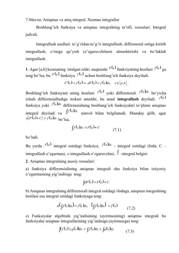 Aniqmas va aniq integral. Xosmas integrallar